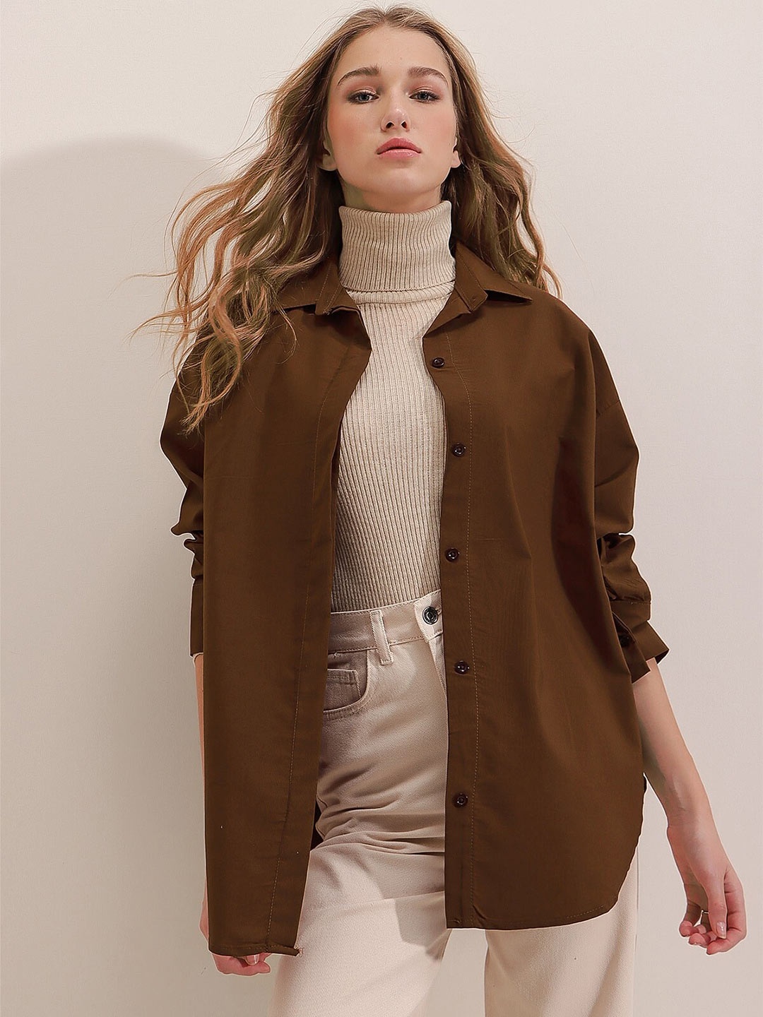 

Trend Alacati stili Drop-Shoulder Sleeves Pure Cotton Casual Shirt, Brown