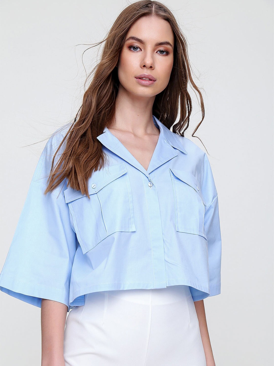 

Trend Alacati stili Cuban Collar Drop-Shoulder Sleeves Pure Cotton Casual Shirt, Blue