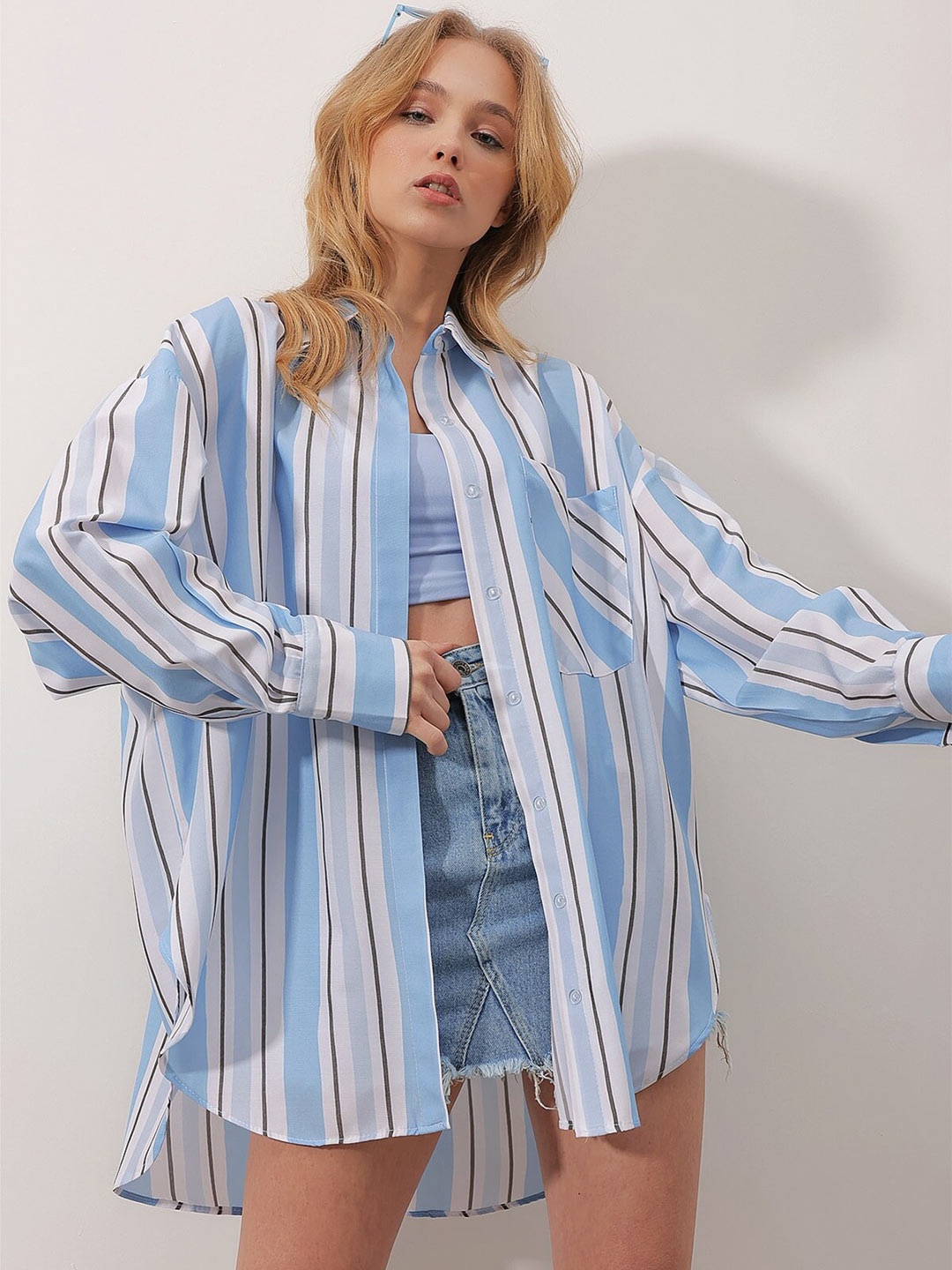 

Trend Alacati stili Striped Longline Casual Shirt, Black