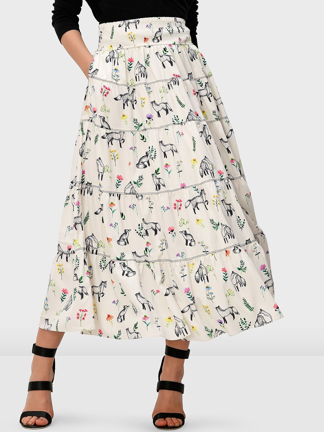 

Zapelle Floral Printed Midi Tiered Skirt, White