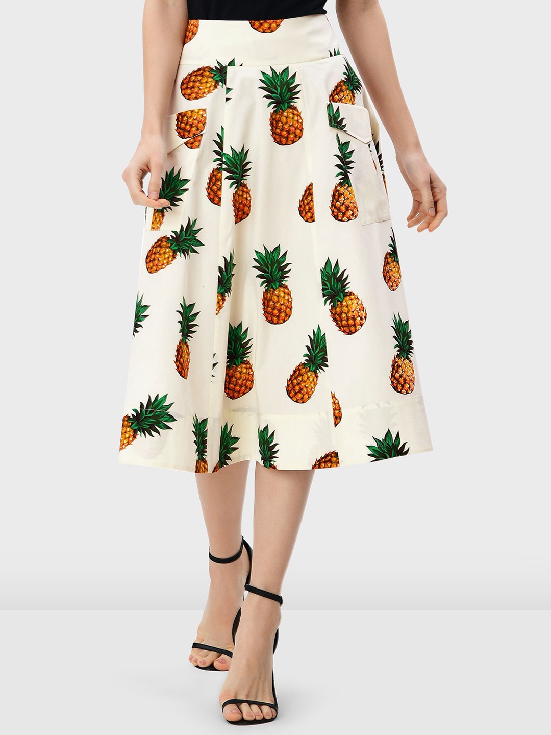 

Zapelle Conversational Printed A-Line Cotton Poplin Skirt with Cargo Pocket, Off white