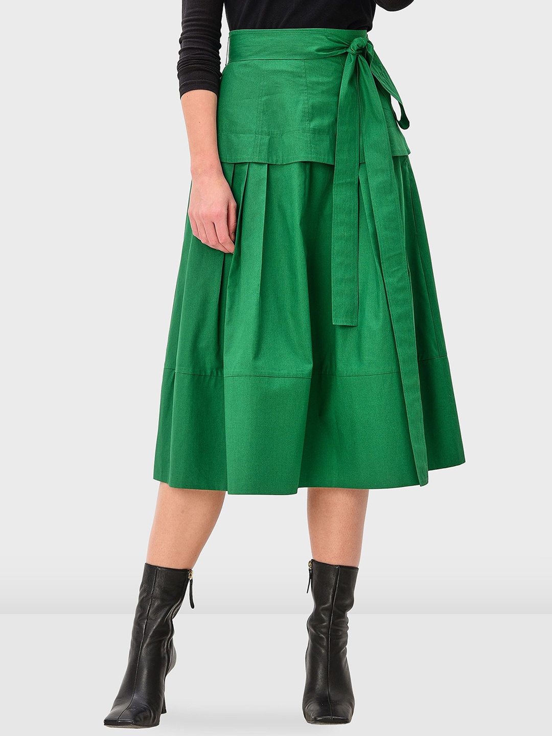 

Zapelle Self-Design Flared Midi Skirt with Belt Tie-Ups, Green