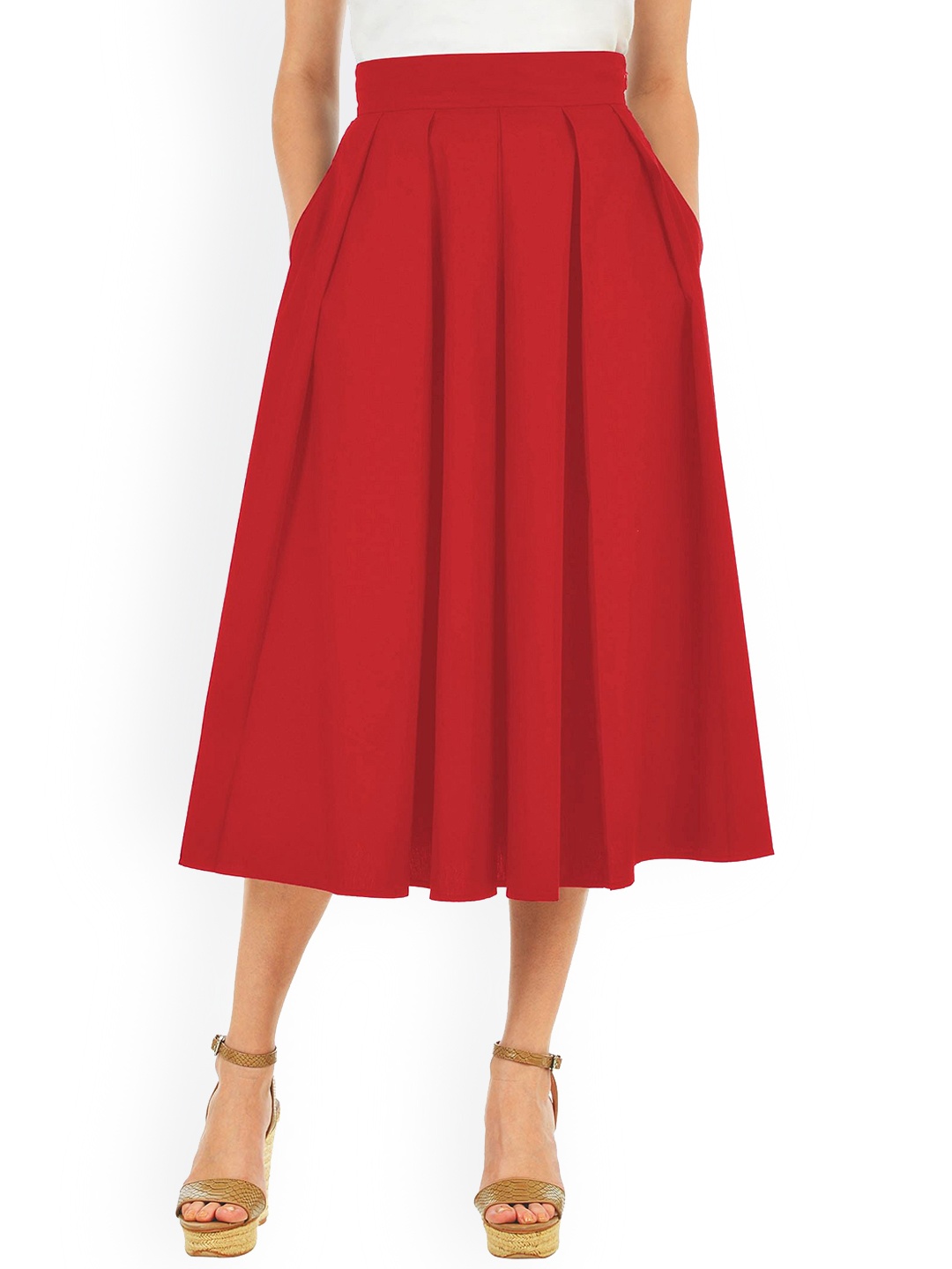 

Zapelle Pleated Midi-Length Flared Skirt, Red