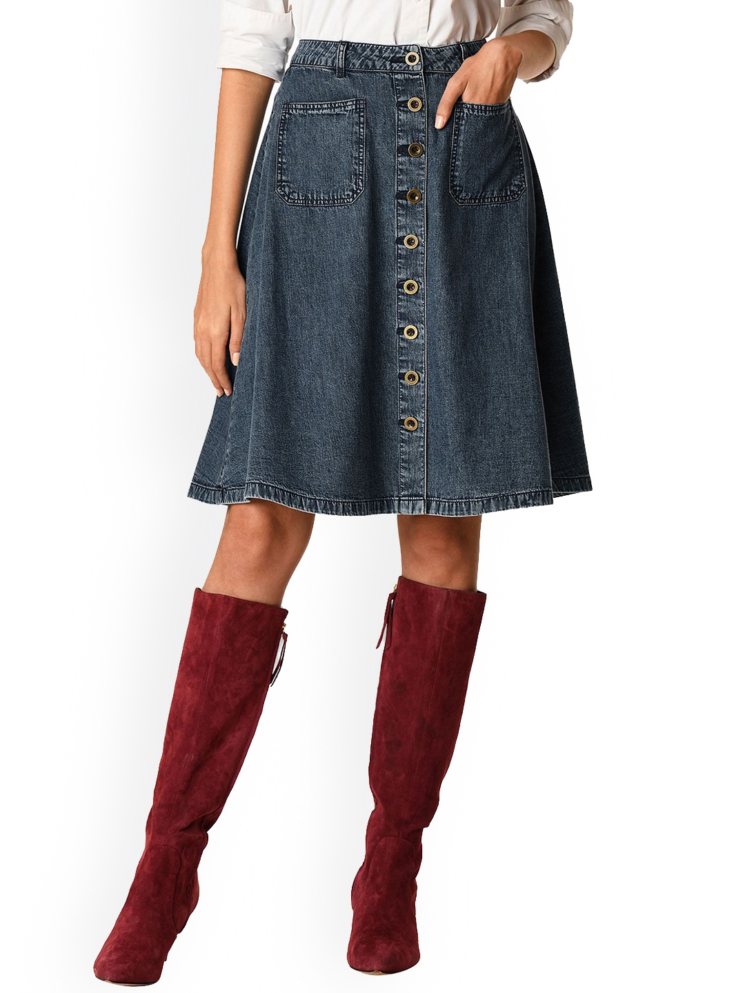 

Zapelle Denim Button Front Flared Skirt, Blue