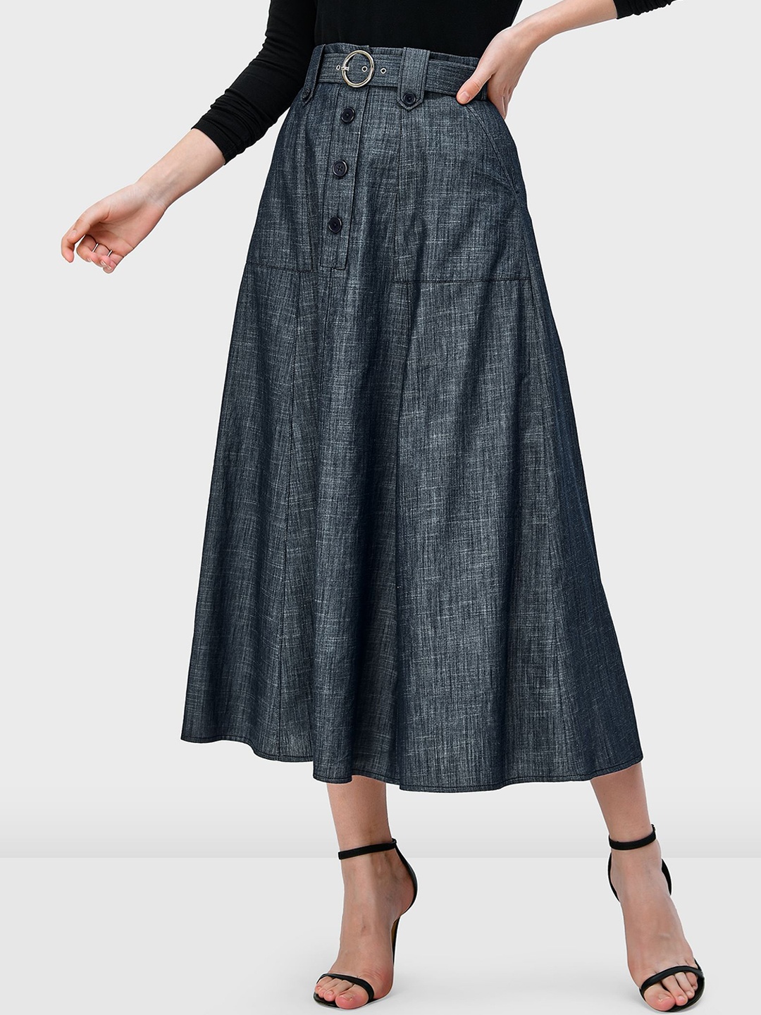

Zapelle Flared Midi Cotton Chambray Skirt With Belt, Blue