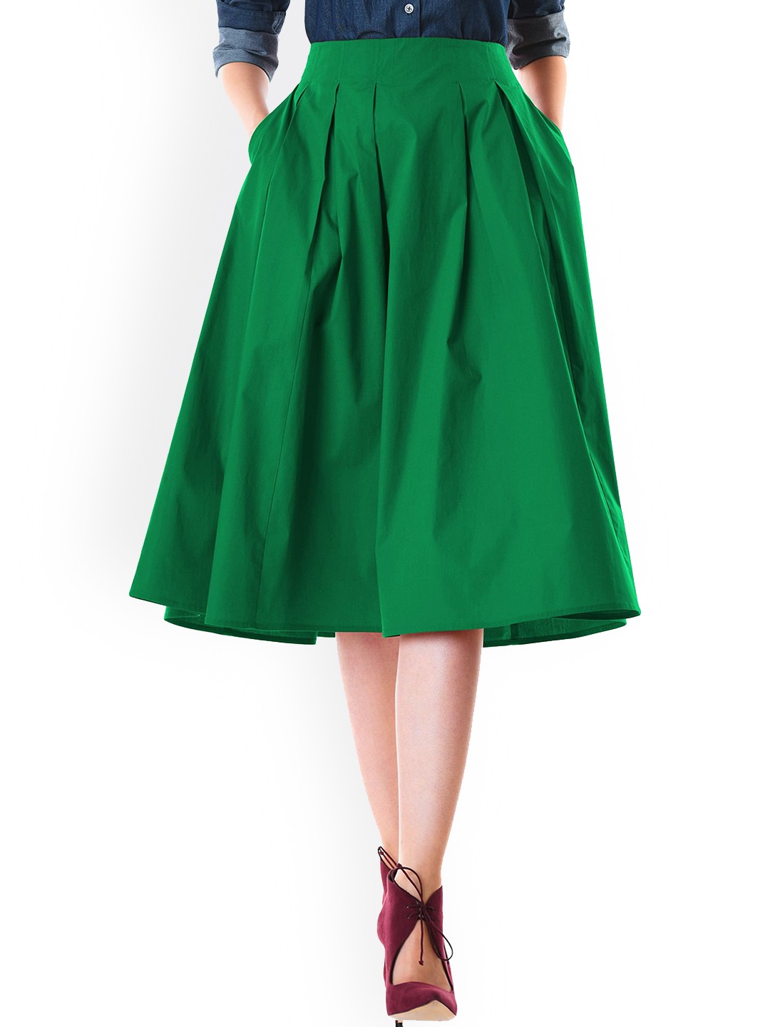 

Zapelle Cotton Knee-Length Flared Plated Skirt, Green