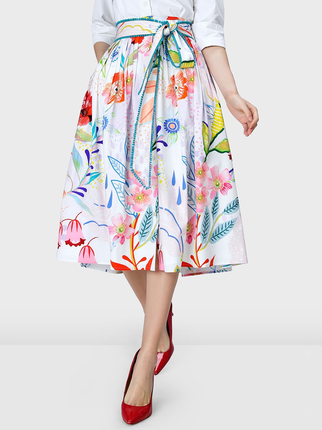 

Zapelle Floral Printed Flared Skirt With Belt, White
