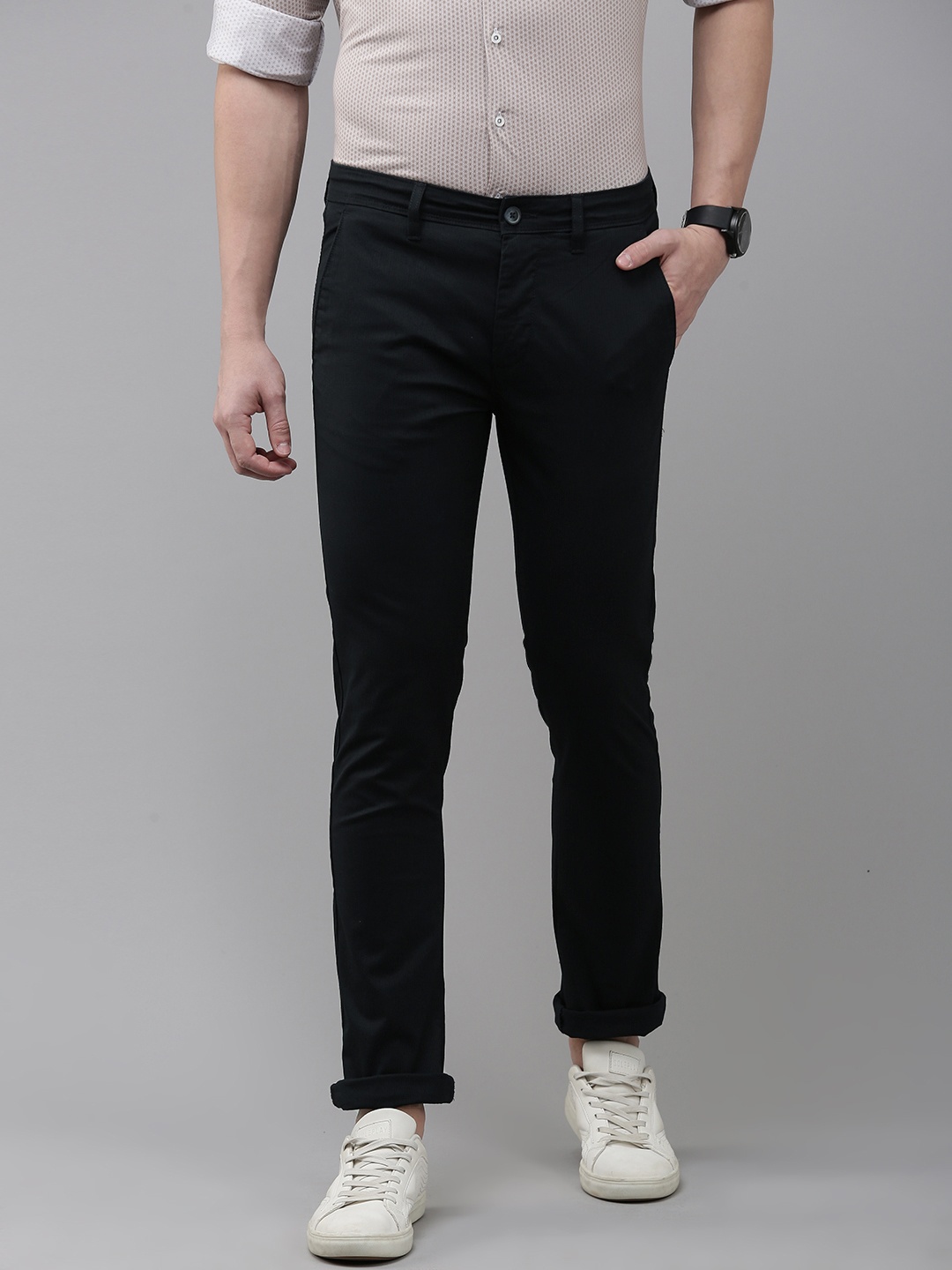 

V Dot Men Self Design Slim Fit Trousers, Black