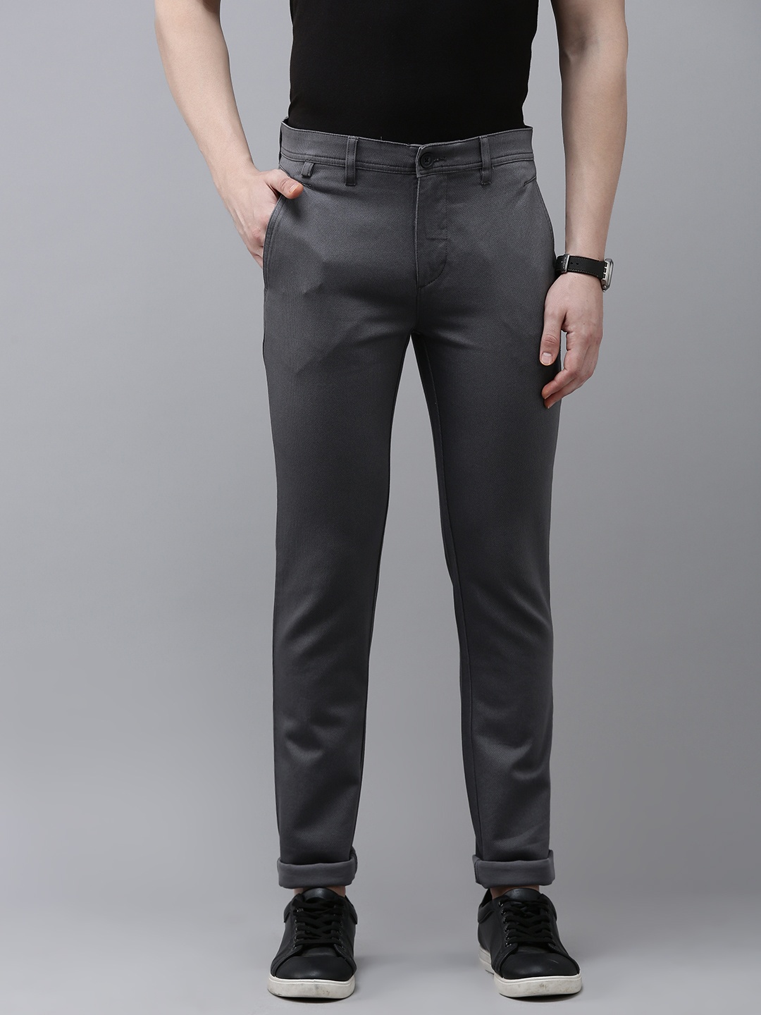 

V Dot Men Textured Slim Fit Trousers, Charcoal