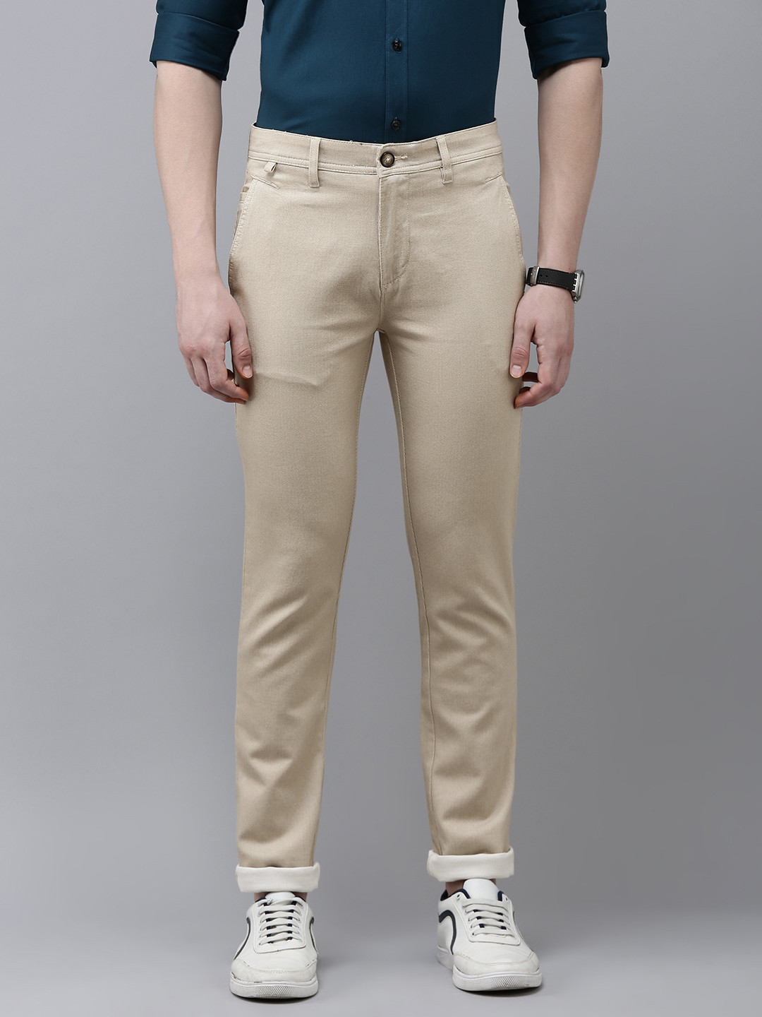 

V Dot Men Textured Slim Fit Trousers, Beige