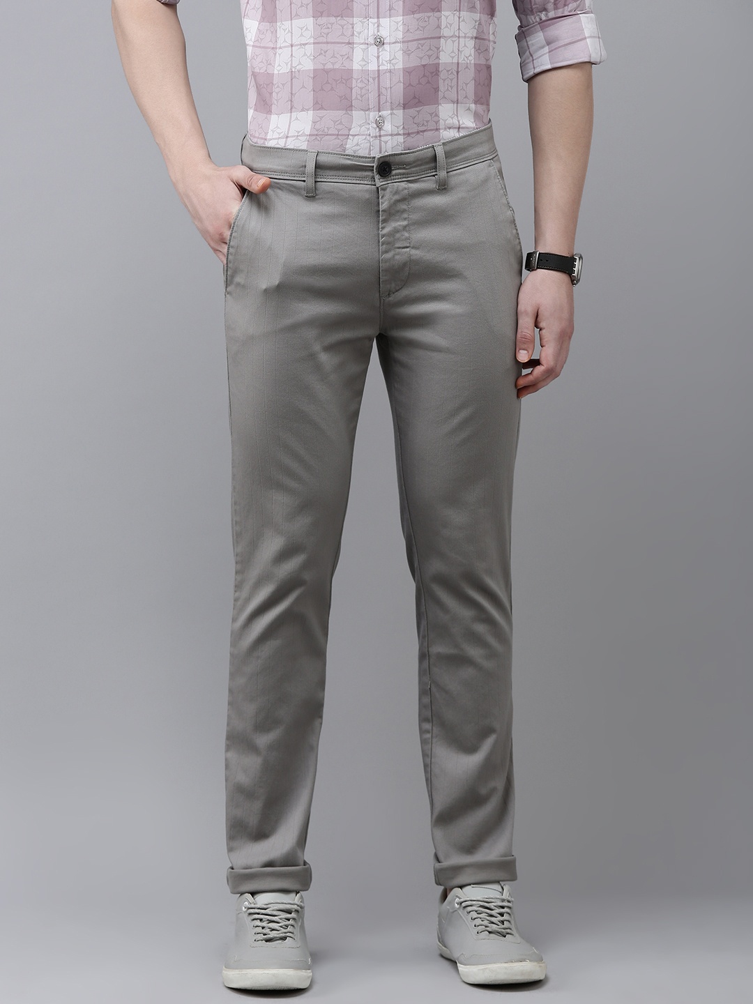 

V Dot Men Self Design Slim Fit Trousers, Grey