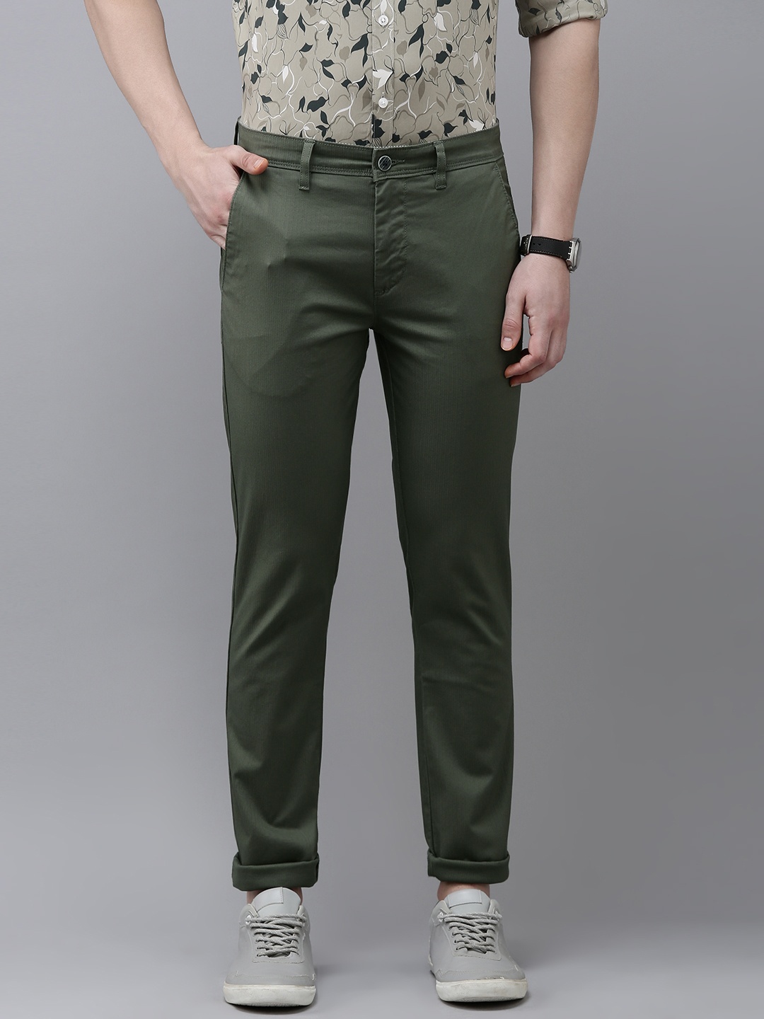 

V Dot Men Self Design Slim Fit Trousers, Olive