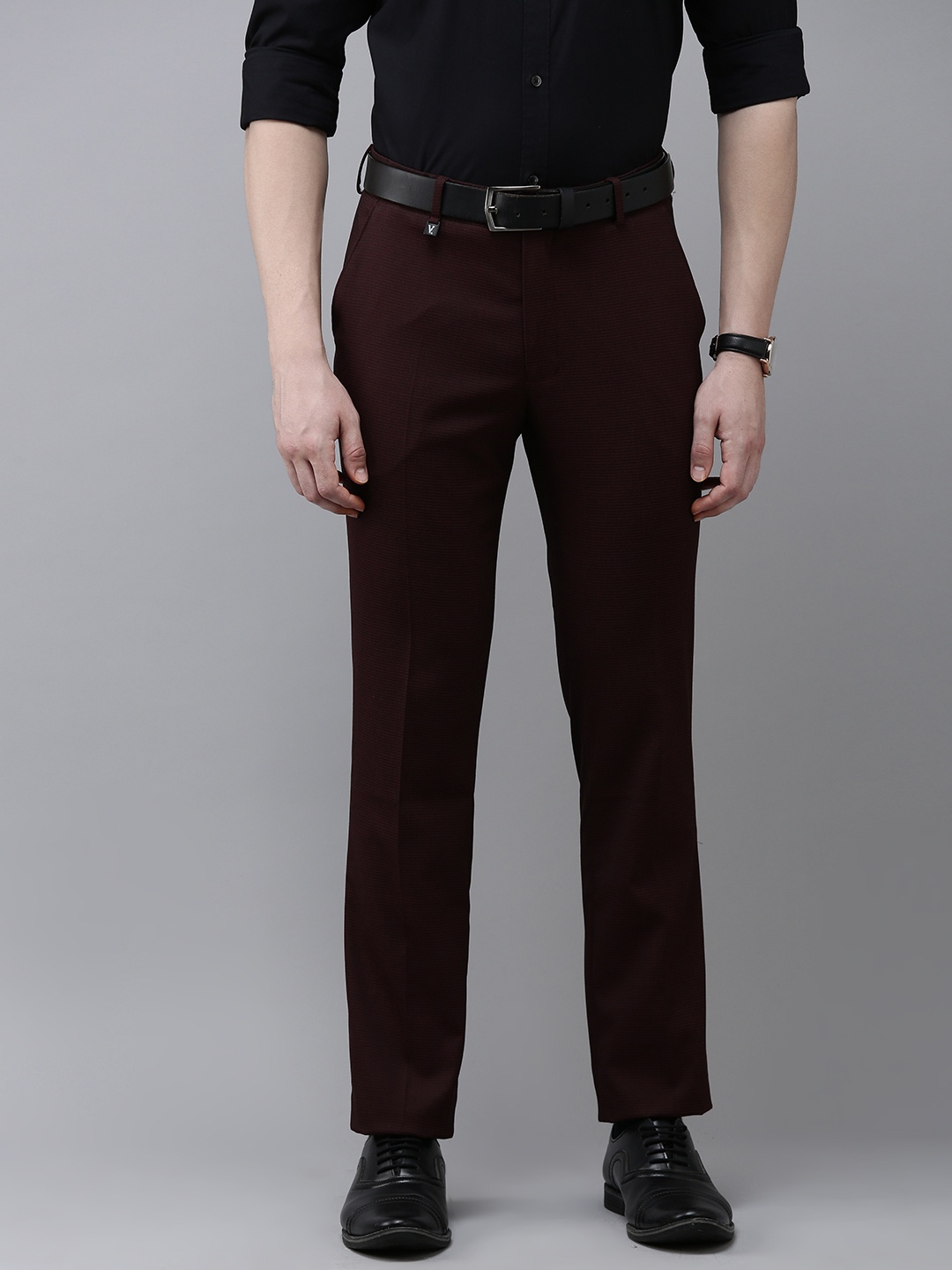 

V Dot Men Textured Skinny Fit Trousers, Maroon