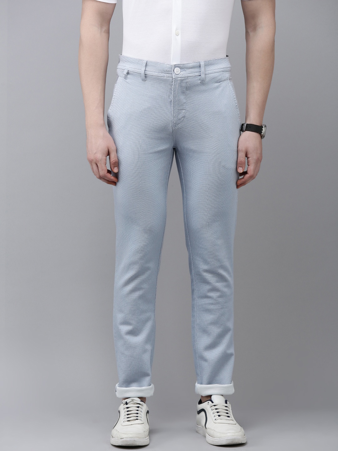 

V Dot Men Textured Slim Fit Trousers, Blue