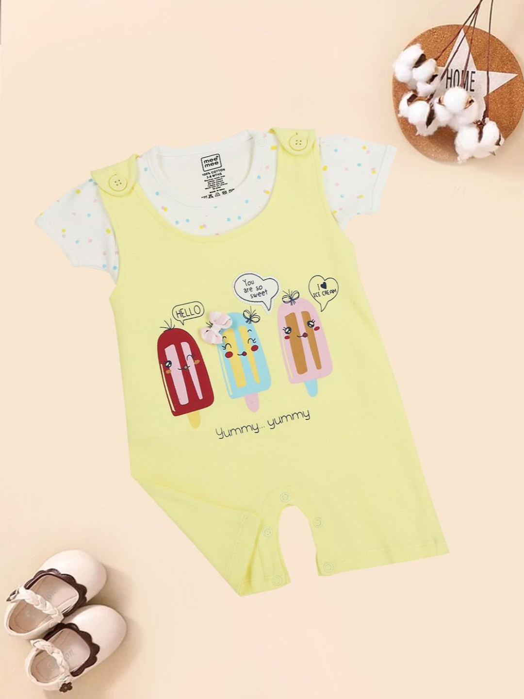 

MeeMee Infant Kids Printed Cotton Straight Leg Fit Rompers With T-Shirt, Yellow