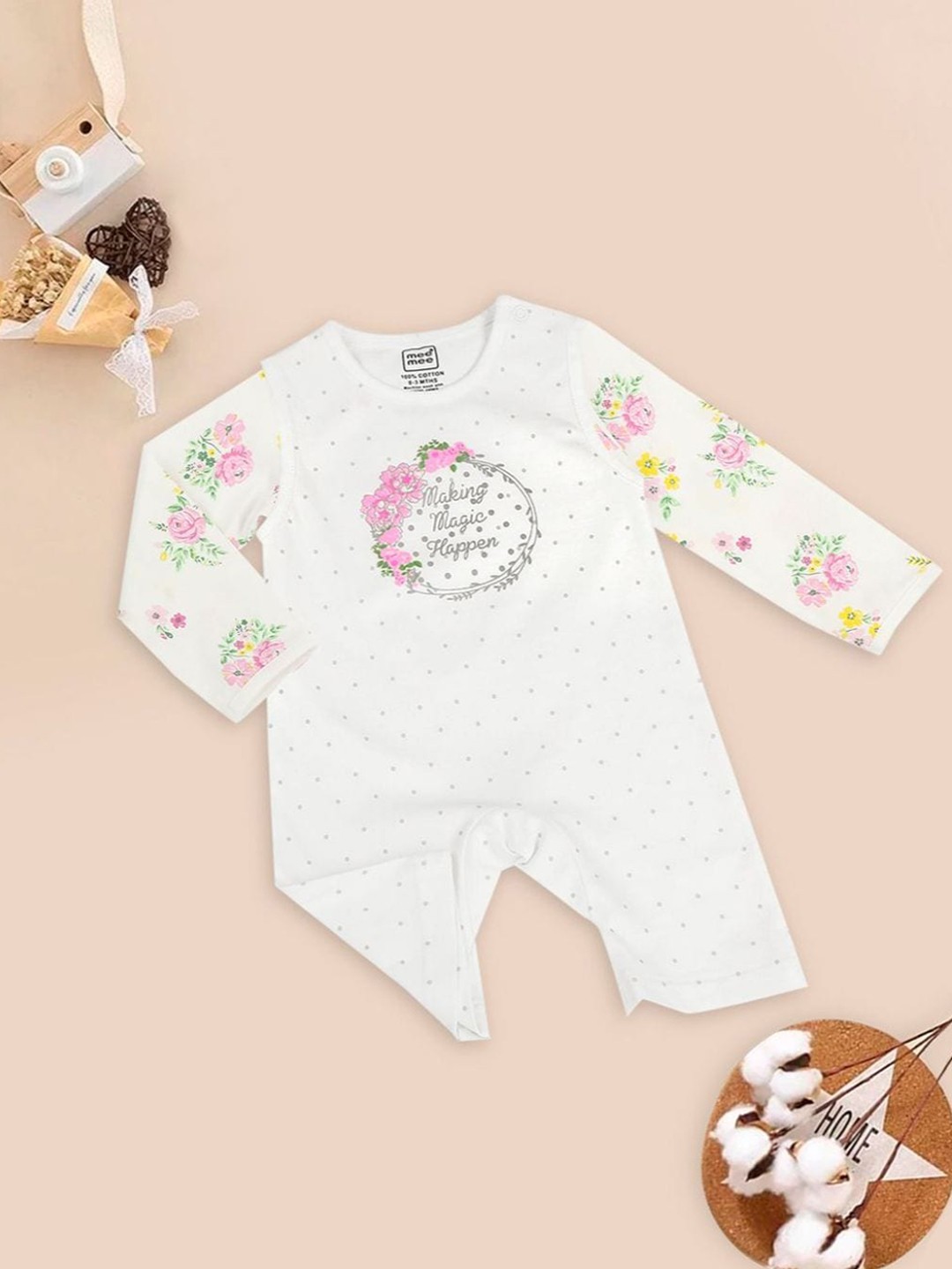 

MeeMee Infant Kids Printed Cotton Rompers With T-Shirt, White