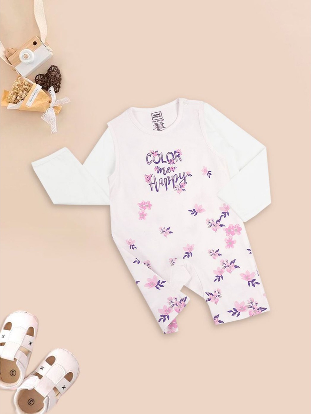 

MeeMee Infant Kids Printed Cotton Rompers With T-Shirt, White