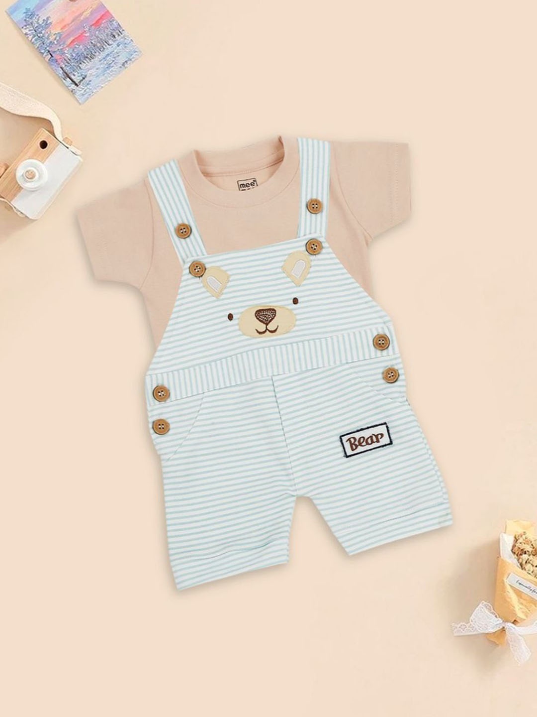 

MeeMee Infant Kids Striped Cotton Rompers With T-Shirt, Blue