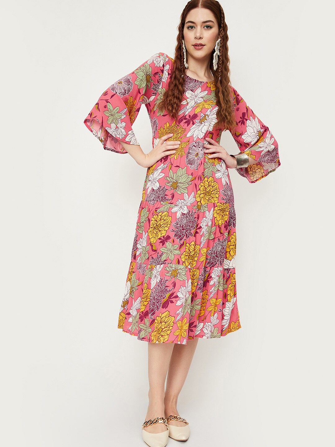 

max Maroon Floral Print Bell Sleeve Fit & Flare Midi Dress