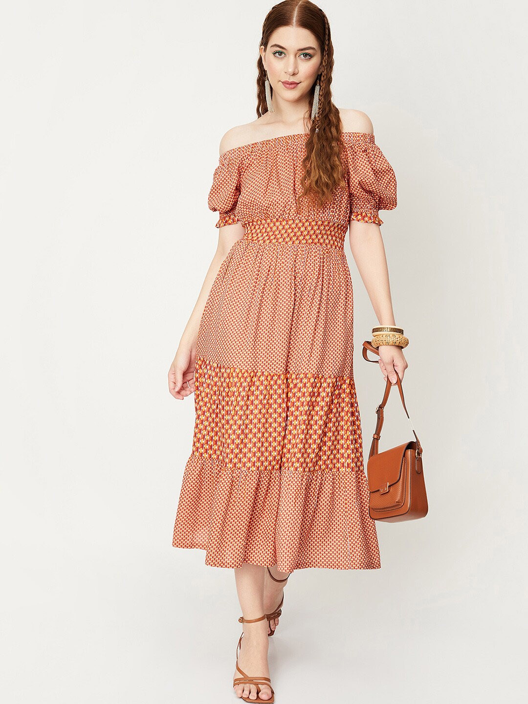 

max Brown Off-Shoulder Flutter Sleeve Fit & Flare Midi Dress