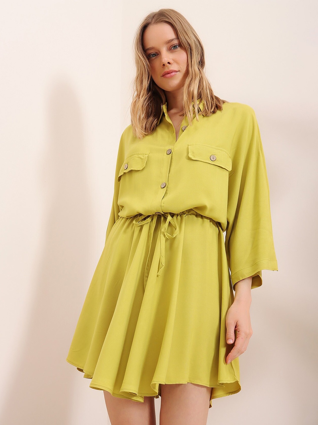 

Trend Alacati stili Shirt Collar Kimono Sleeves Pure Cotton Blouson Dress, Green