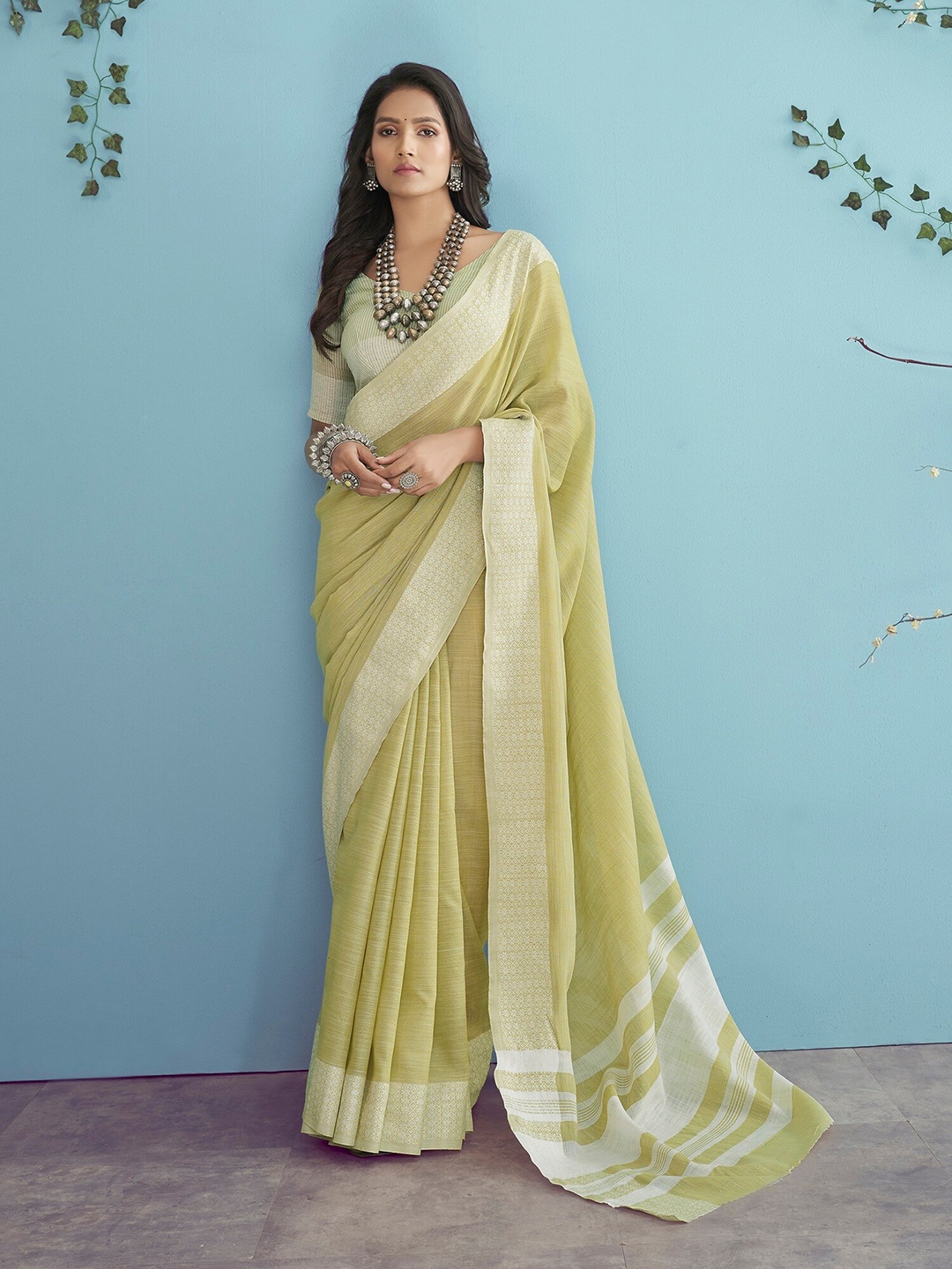 

Mitera Olive Green & Silver-Toned Zari Linen Blend Saree