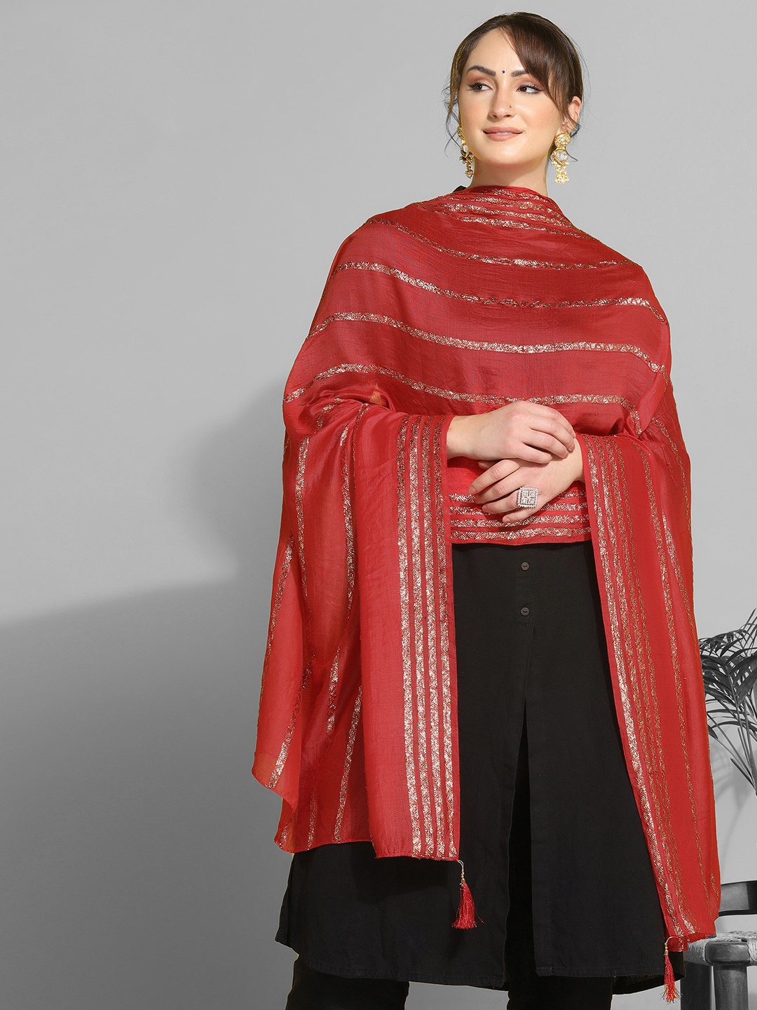 

Satrani Red & Silver-Toned Woven Design Cotton Silk Dupatta