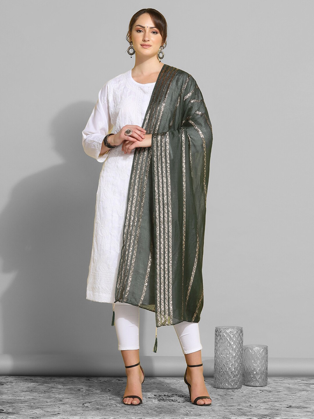 

Satrani Olive Green & Gold-Toned Striped Woven Design Cotton Silk Dupatta