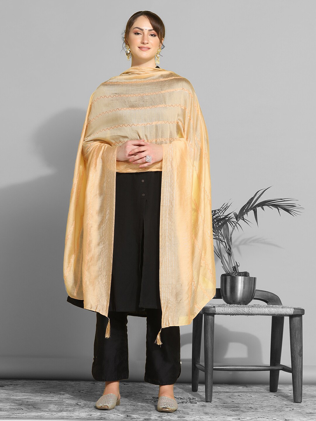 

Satrani Orange & Silver-Toned Woven Design Cotton Silk Dupatta
