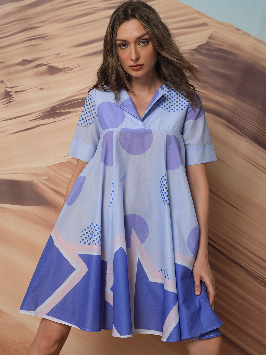 

RAREISM Abstract Printed A-Line Cotton Dress, Blue