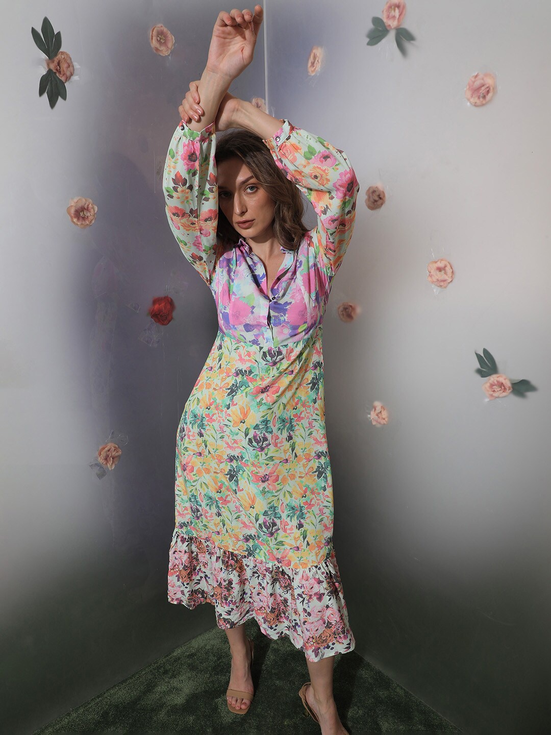 

RAREISM Floral Printed Shirt Collar Midi Dress, Multi
