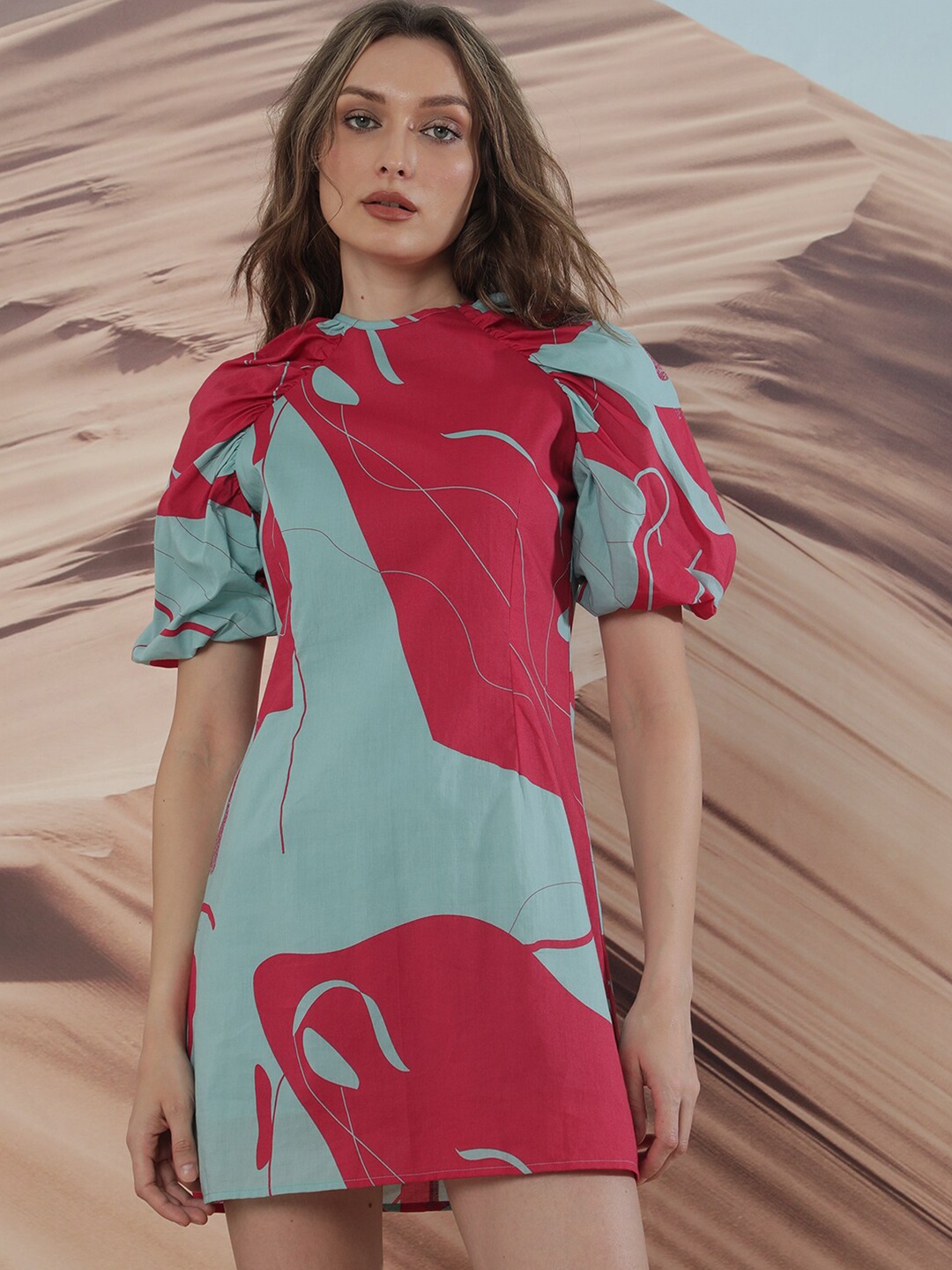 

RAREISM Abstract Printed Raglan Sleeves A-Line Cotton Dress, Maroon