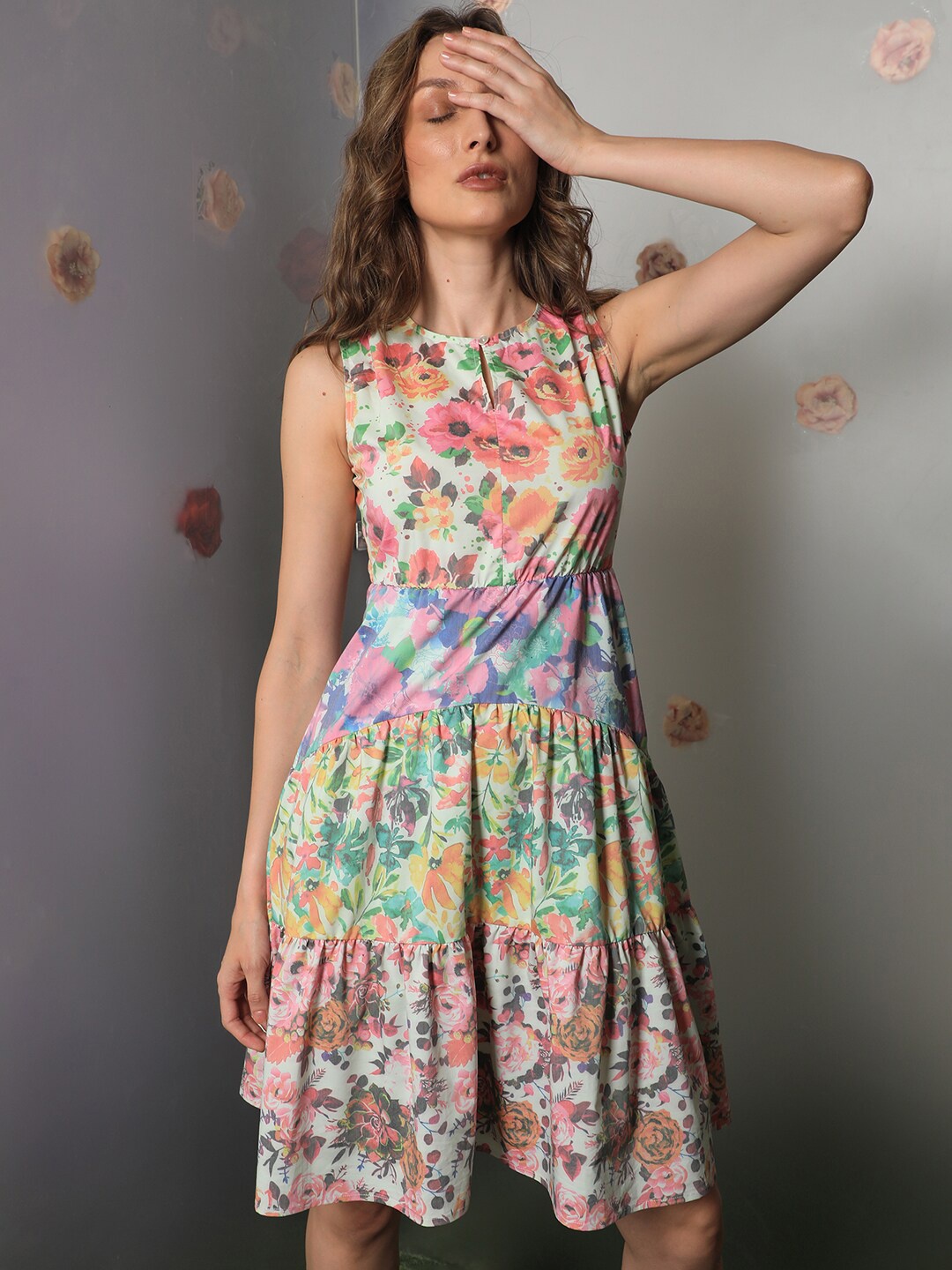 

RAREISM Floral Printed Tiered A-Line Dress, Sea green