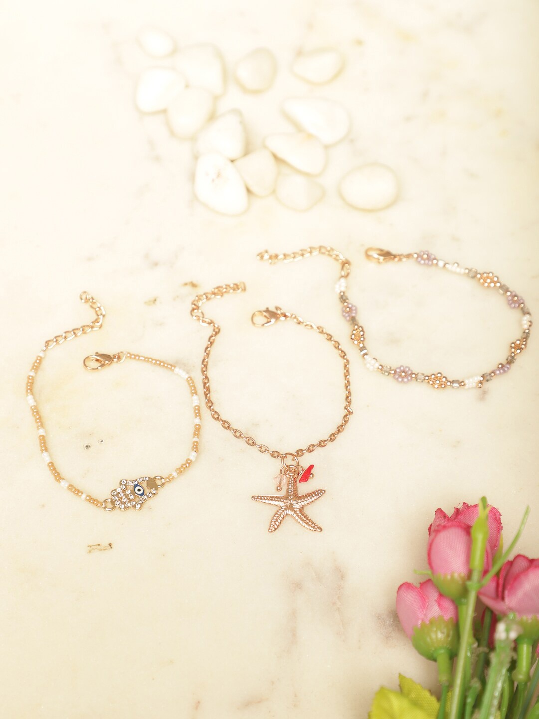 

Madame Set Of 3 Rose Gold-Plated Beaded Star Fish & Evil Eye Charm Bracelet