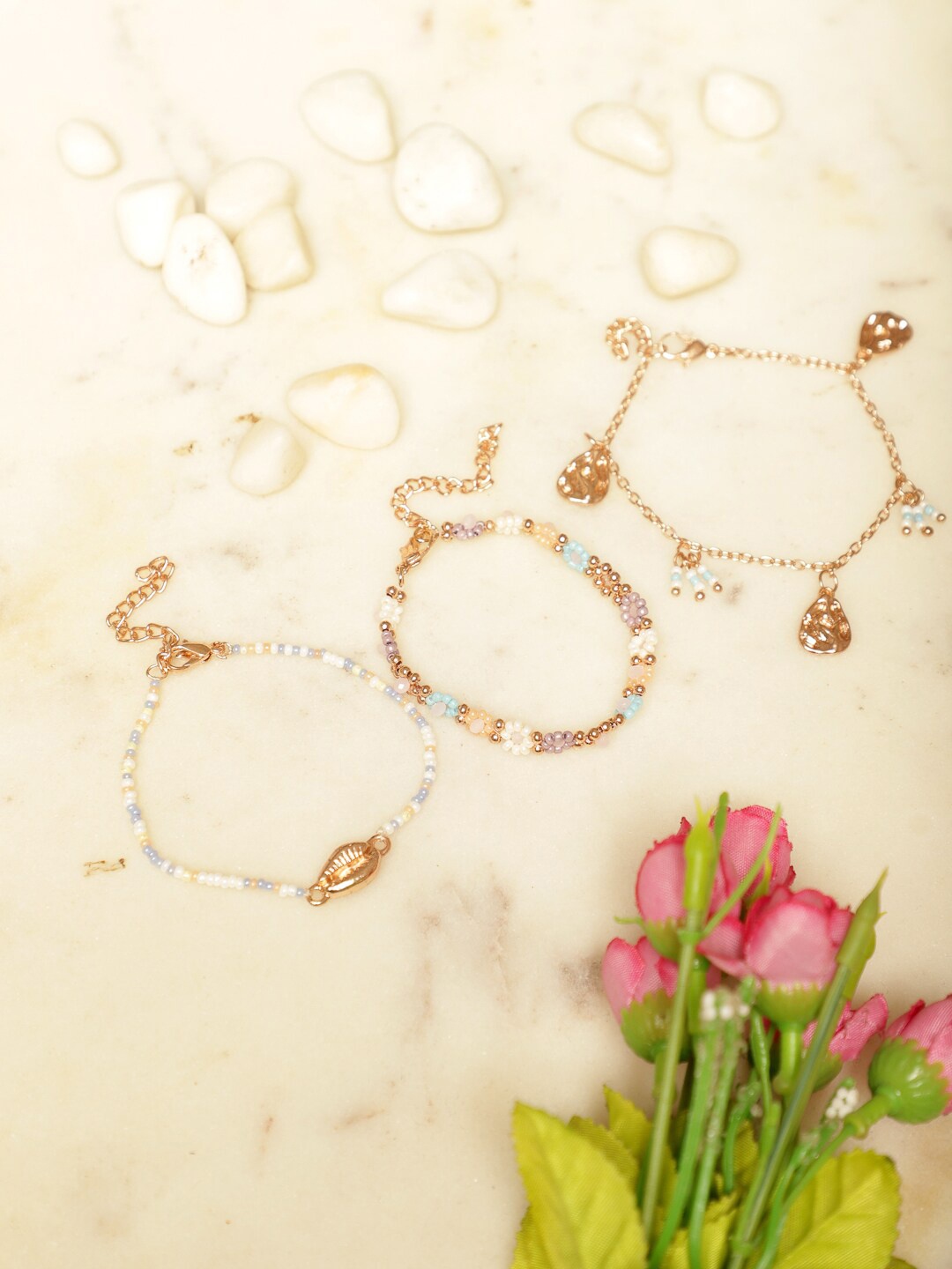 

Madame Set Of 3 Rose Gold-Plated Beaded Charm Bracelet