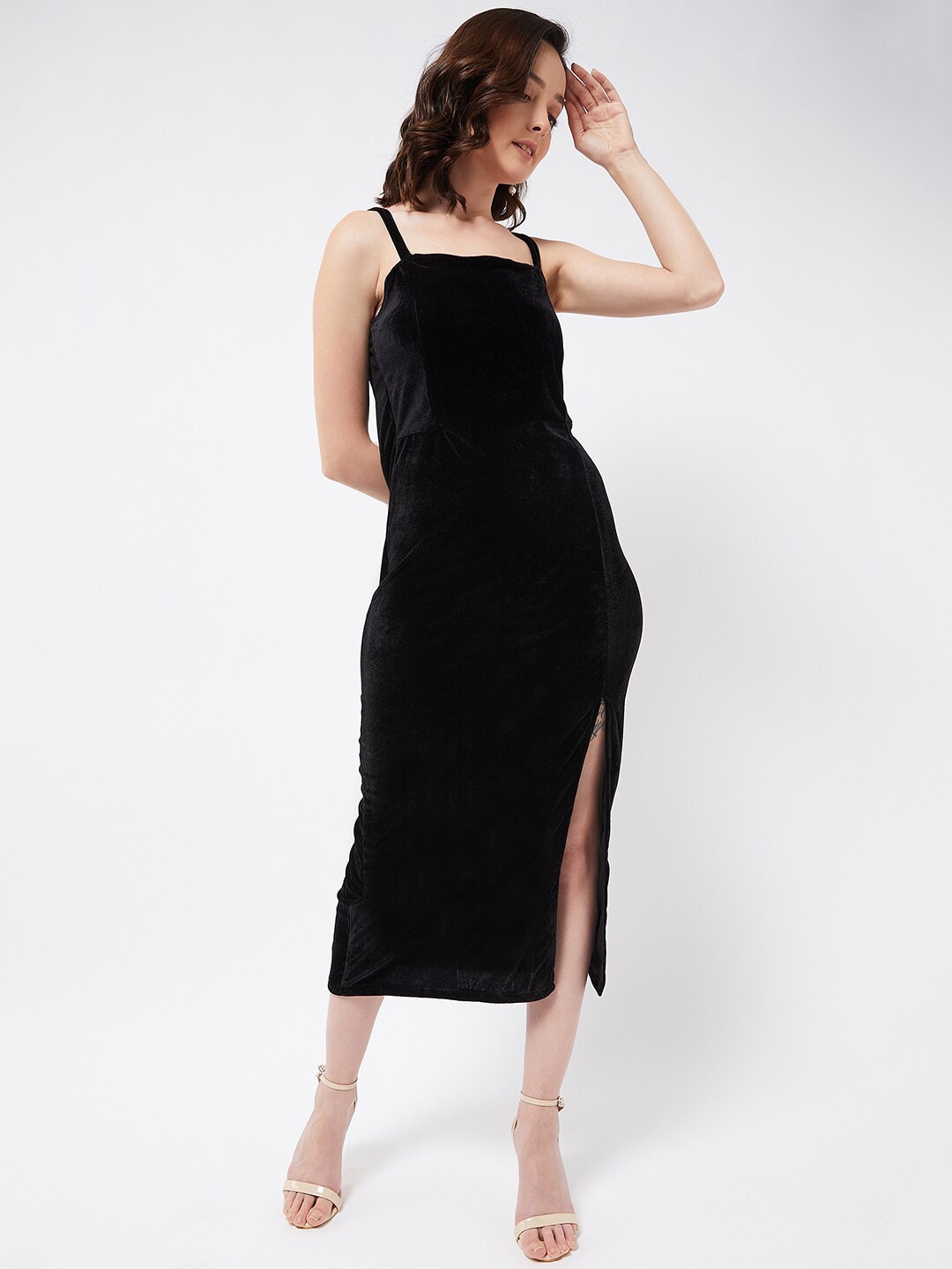 

COLOR CAPITAL Shoulder Strap Velvet Sheath Midi Dress, Black