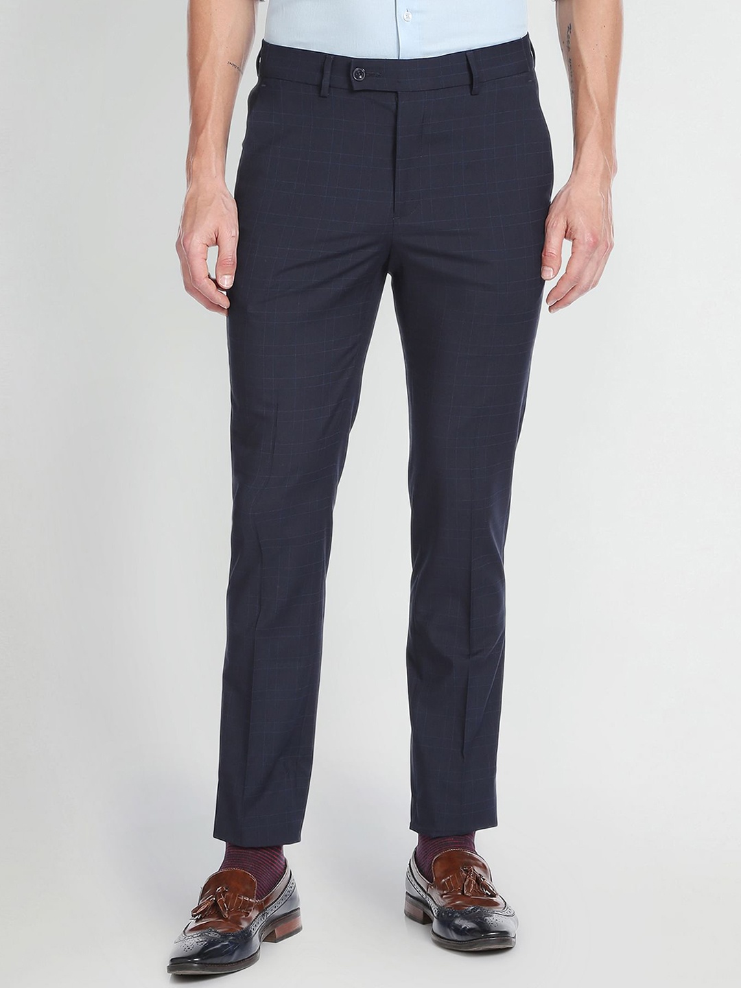 

Arrow New York Men Checked Slim Fit Mid-Rise Formal Trousers, Blue