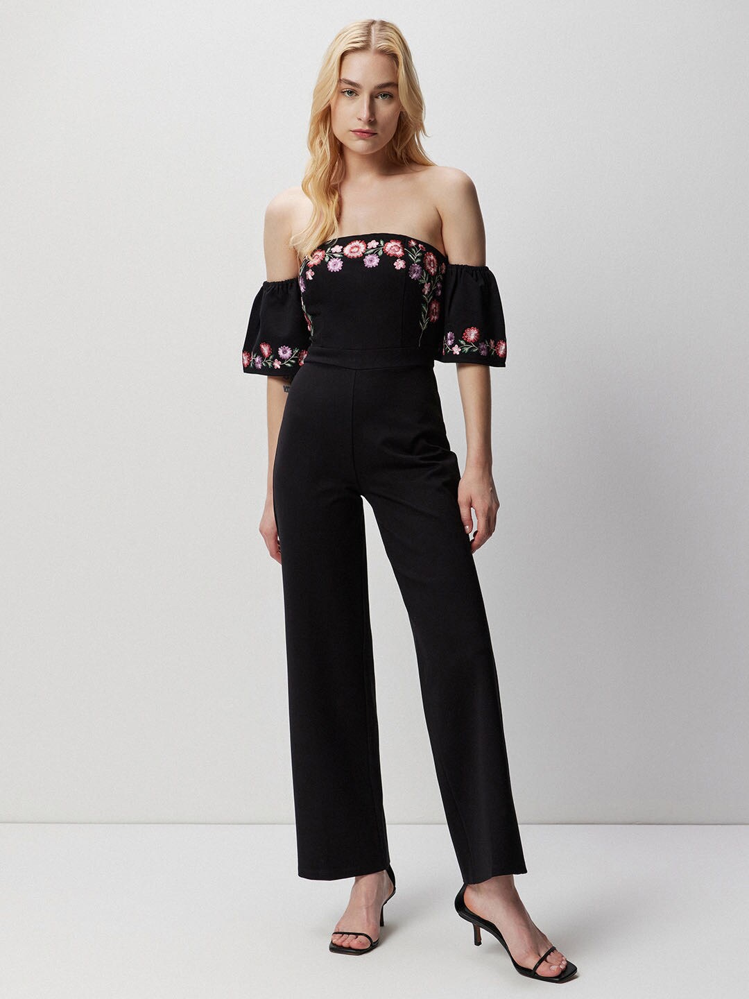 

COVER STORY Black & Pink Off-Shoulder Basic Jumpsuit With Embroidered