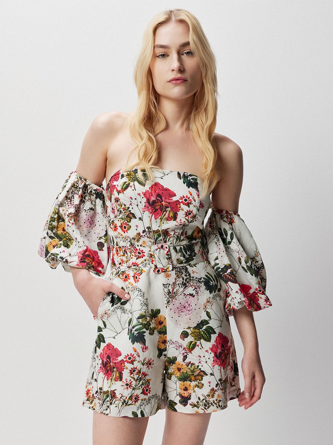 

COVER STORY White & Red Off-Shoulder Printed With Ruffles Playsuit