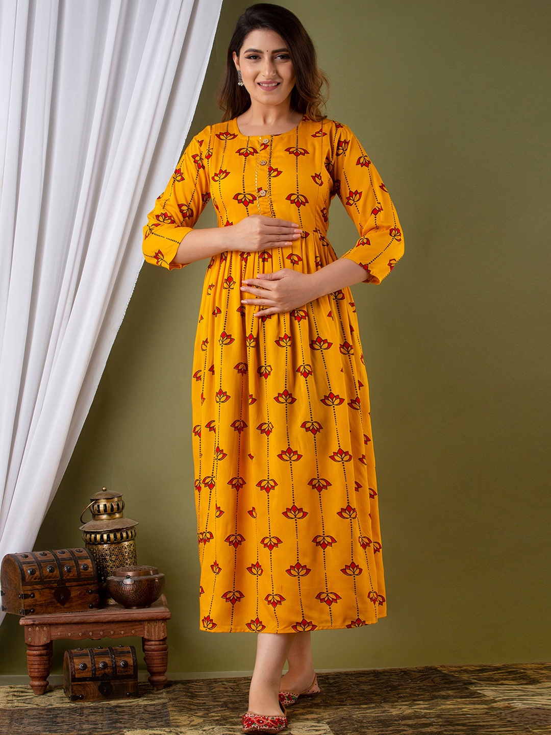 

Mialo fashion Floral Printed Maternity Ethnic Dress, Yellow