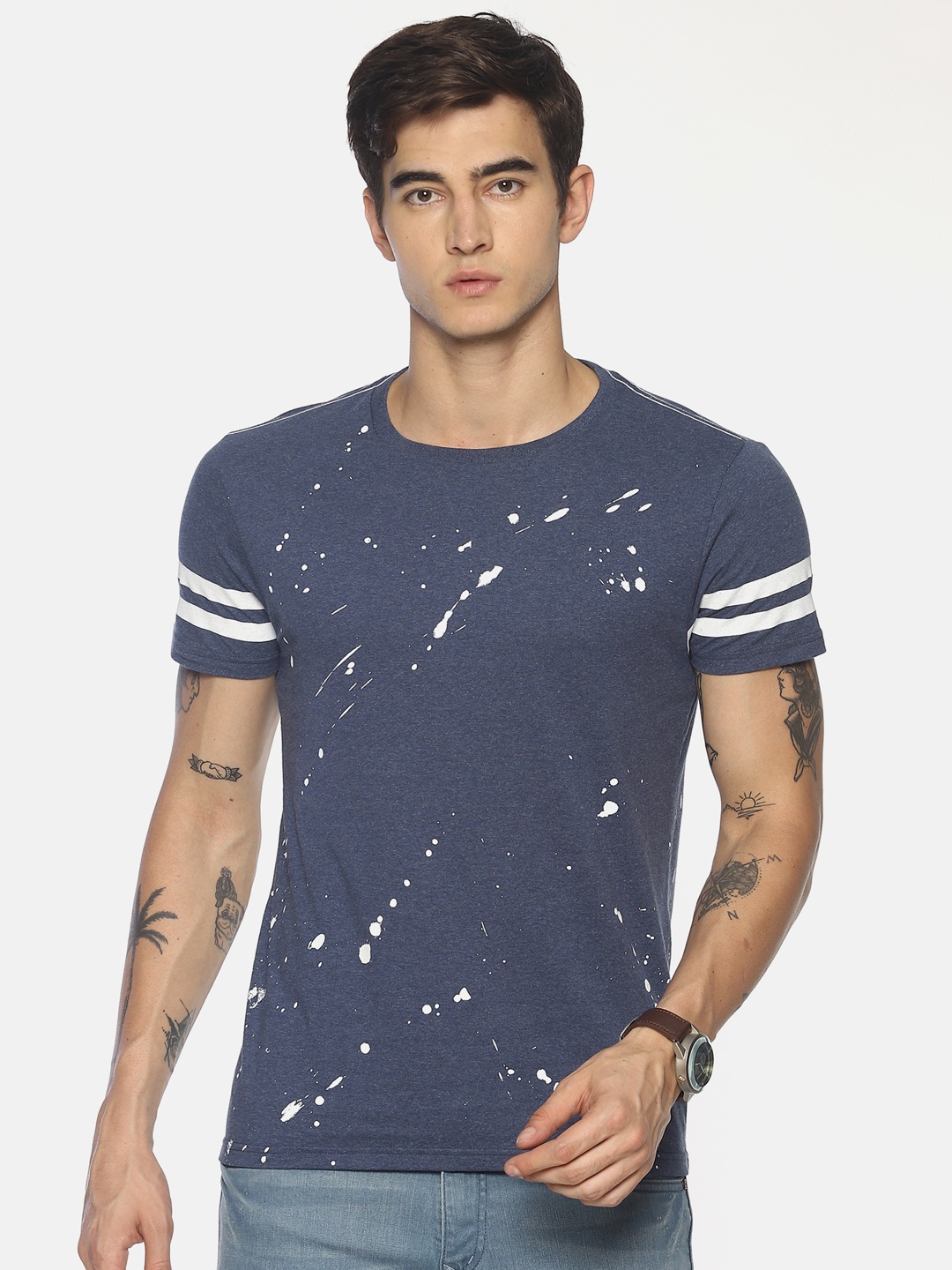 

Steenbok Abstract Printed Round Neck Pure Cotton Casual T-shirt, Navy blue