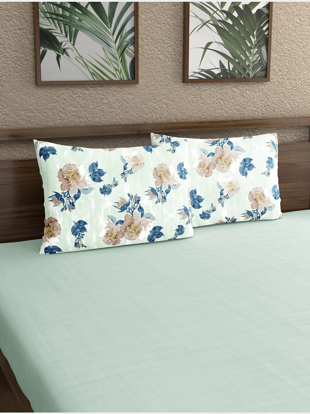 

Home Ecstasy Blue & Brown 2 Pieces Floral Printed 140 TC Pure Cotton Pillow Covers