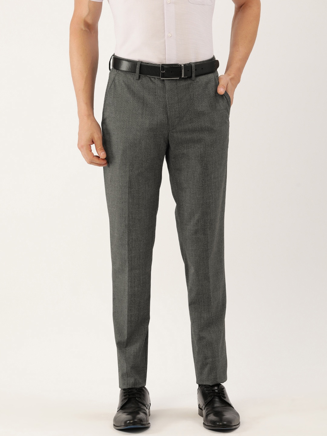 

Peter England Men Grey Textured Slim Fit Trousers