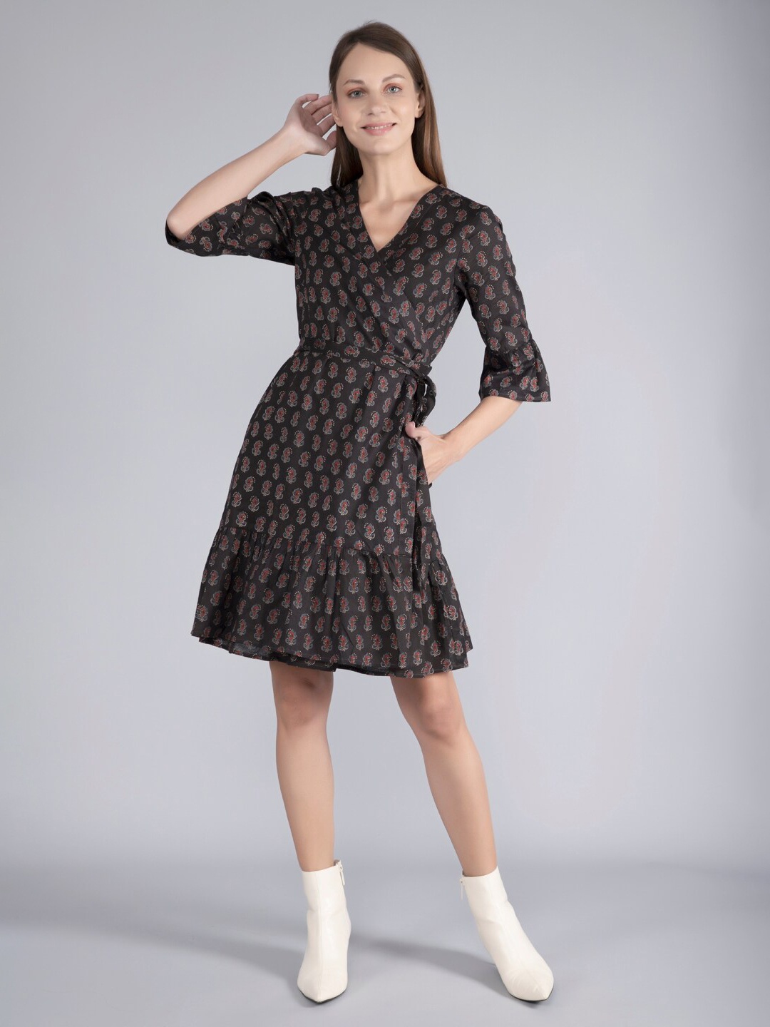 

FINSBURY LONDON Floral Printed Bell Sleeves Cotton Wrap Dress, Brown
