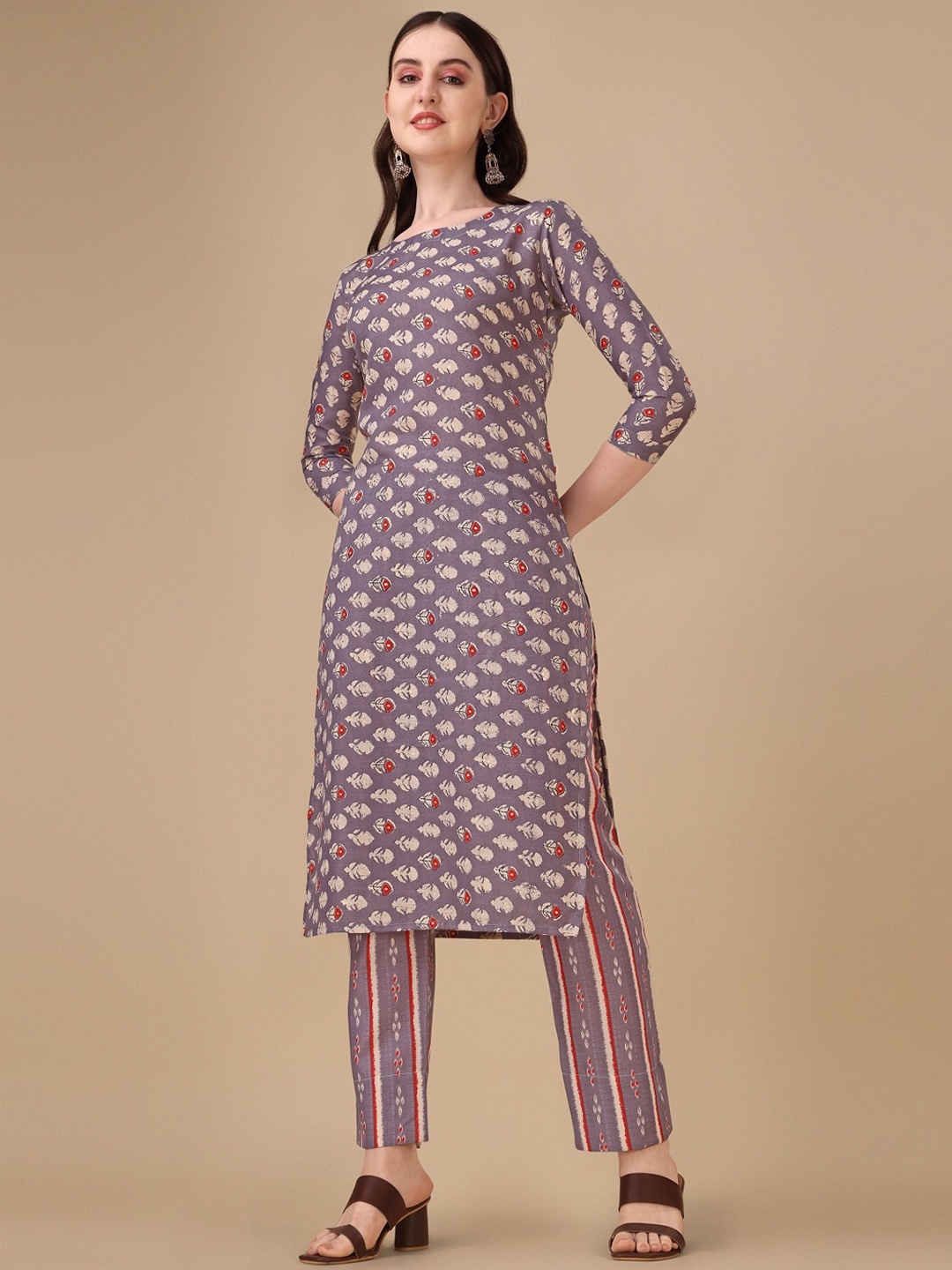 

YOYO Fashion Boat Neck Ethnic Motifs Printed Kurta with Trousers, Purple
