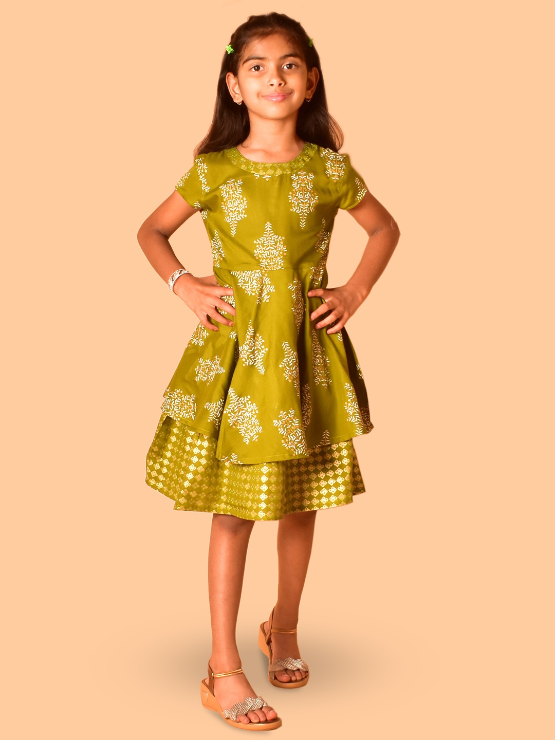 

misbis Girls Floral Printed Fit And Flared Dress, Olive