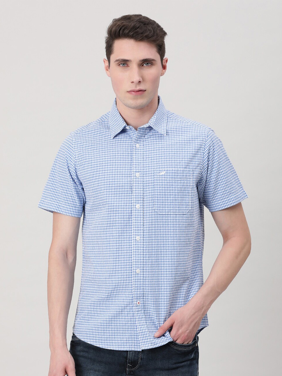 

Crocodile Blue Micro Checks Comfort Fit Cotton Casual Shirt