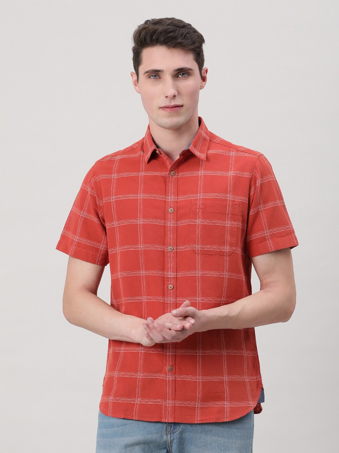 

Crocodile Windowpane Checked Spread Collar Comfort Cotton Casual Shirt, Red