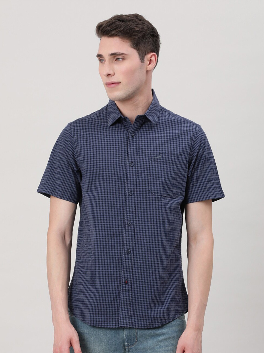 

Crocodile Micro Checked Spread Collar Comfort Cotton Casual Shirt, Navy blue