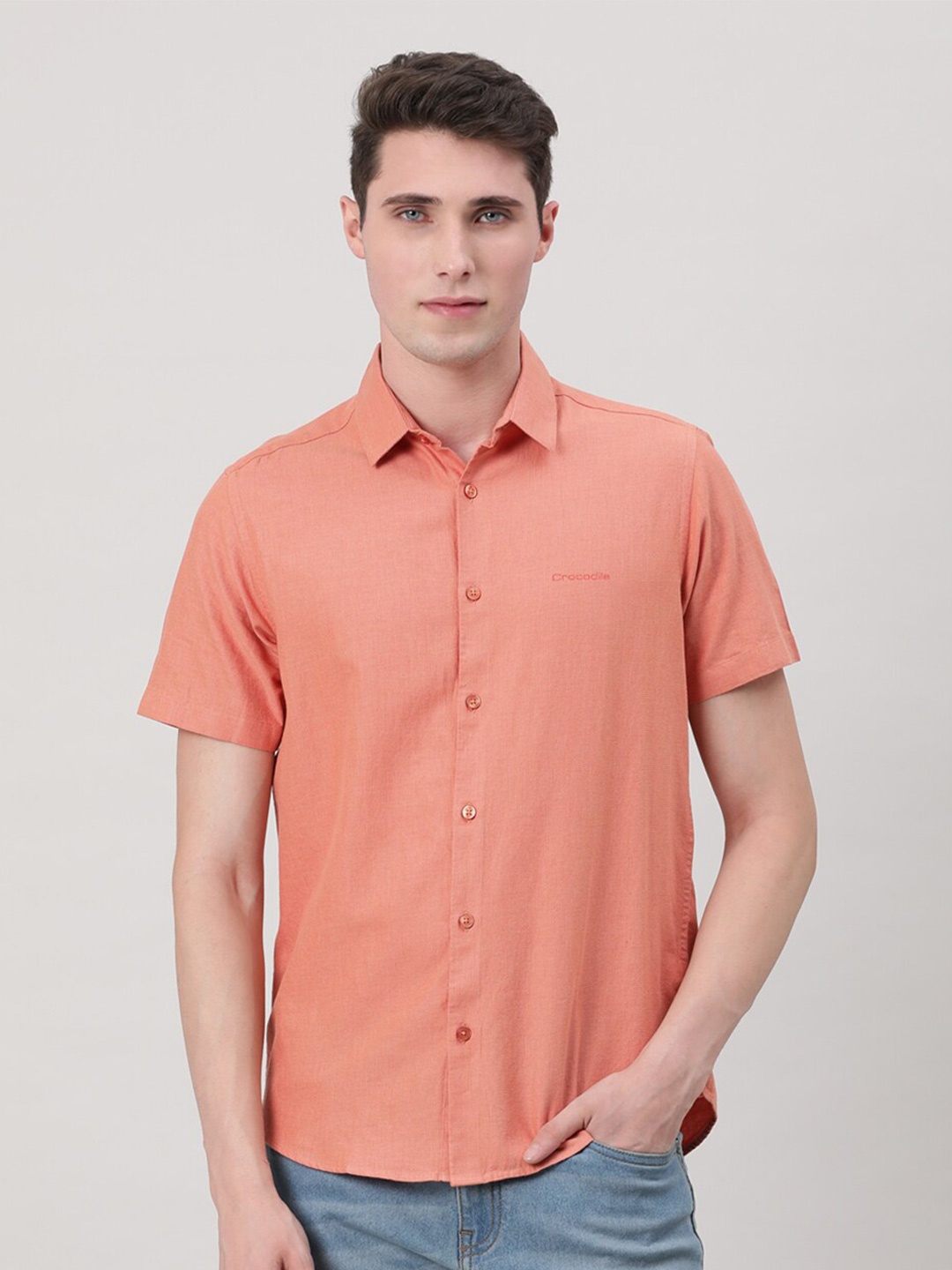 

Crocodile Comfort Fit Spread Collar Opaque Casual Shirt, Peach